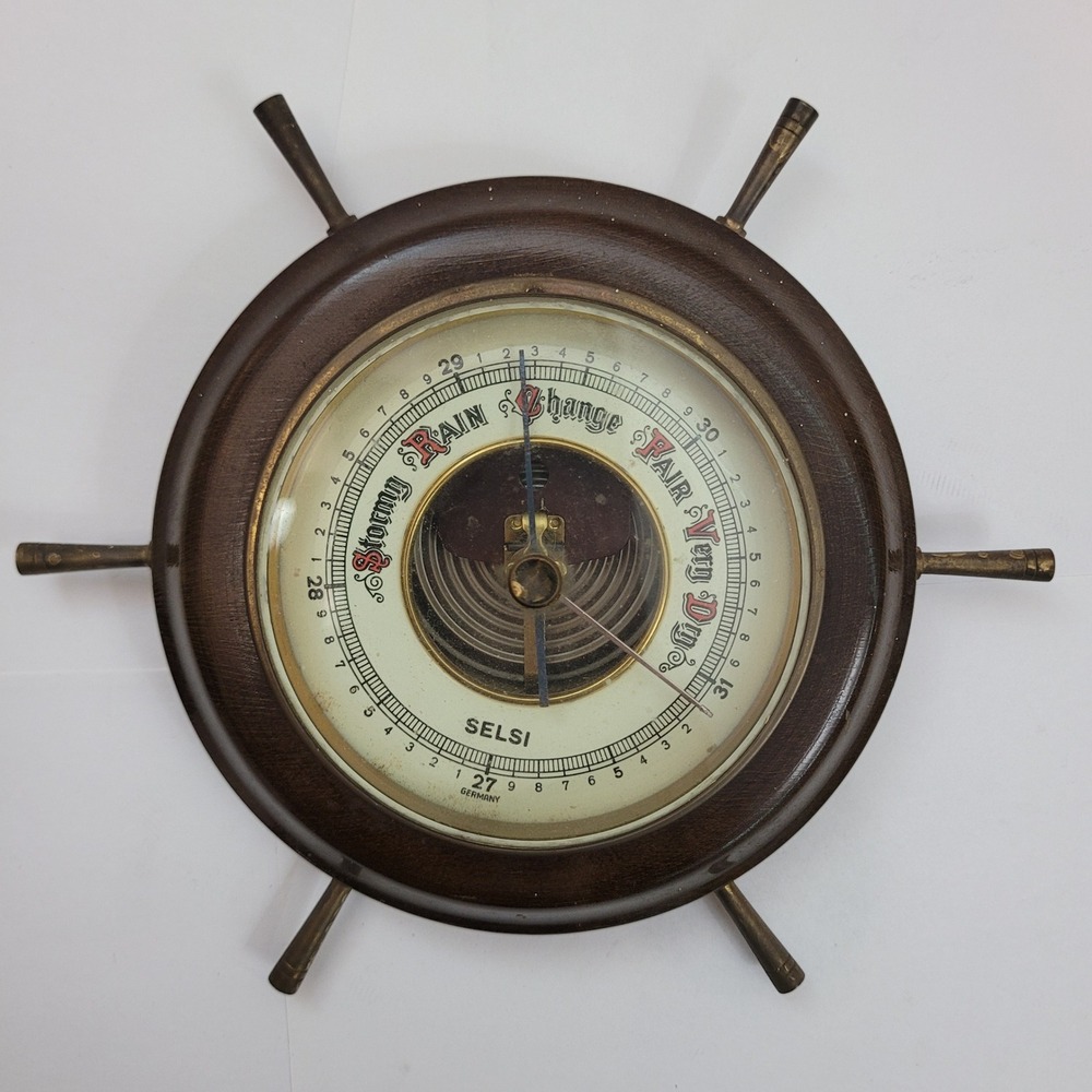 Selsi‎ Barometer Ship Wheel Vintage Wood Brass Germany Weather Station